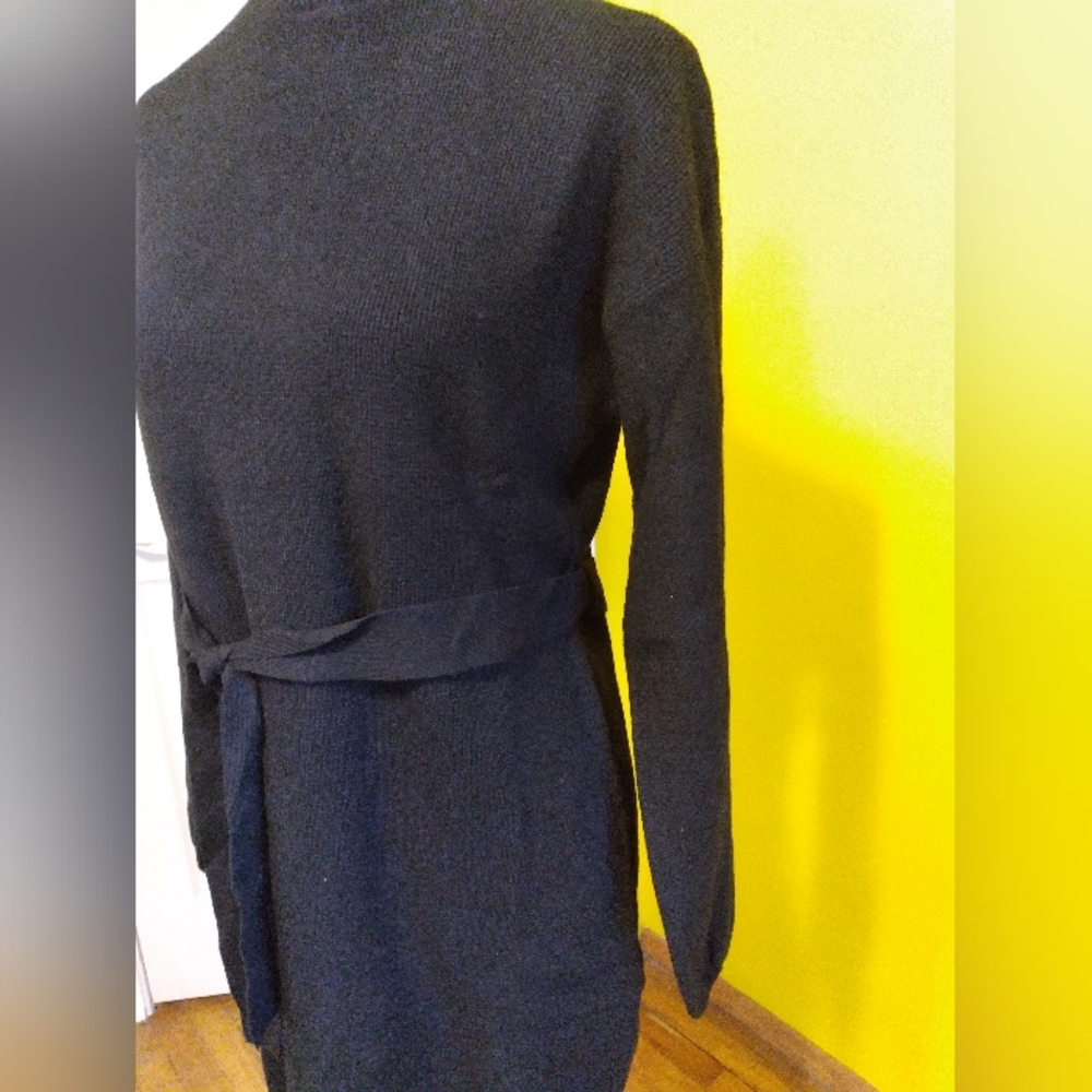 π Wynter Plaid & Pleather Knit Long Sleeve Black Tie Sash Midi Dress Sz M - Picture 2 of 7